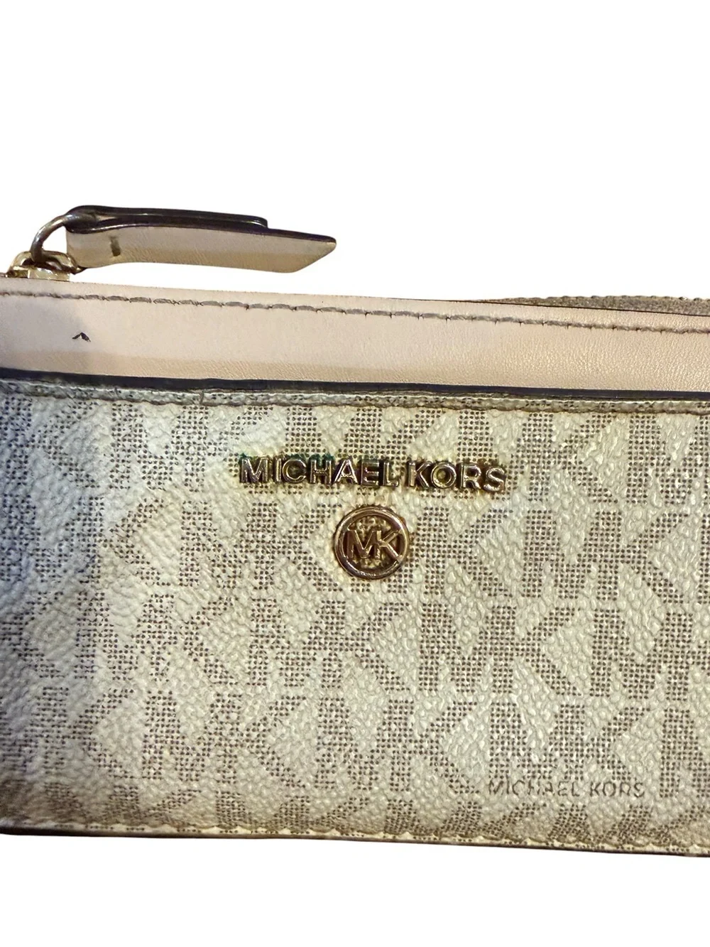 Michael Kors Women's Gold Logo Zip Wallet with Beige Trim